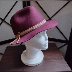 Scala Burgundy Red Wool Felt Fedora Brim Hat with Tan Band